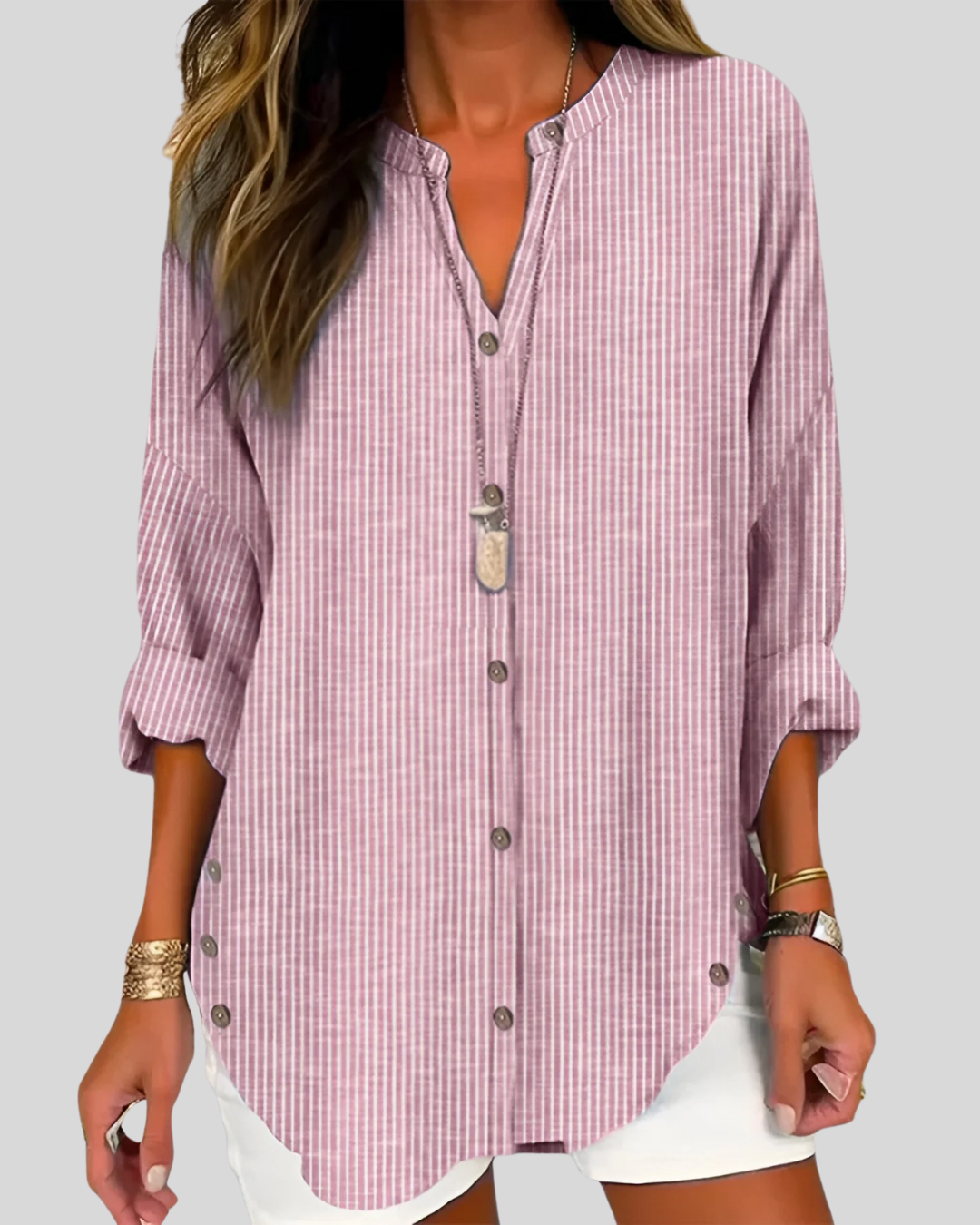 Modehus | Elegant Bluse med V-hals og Vertikale Striper