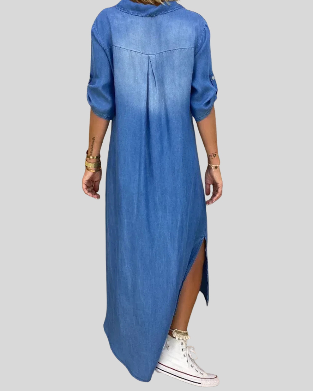 Modehus | Vasket Denim Kjole med Bevegelse