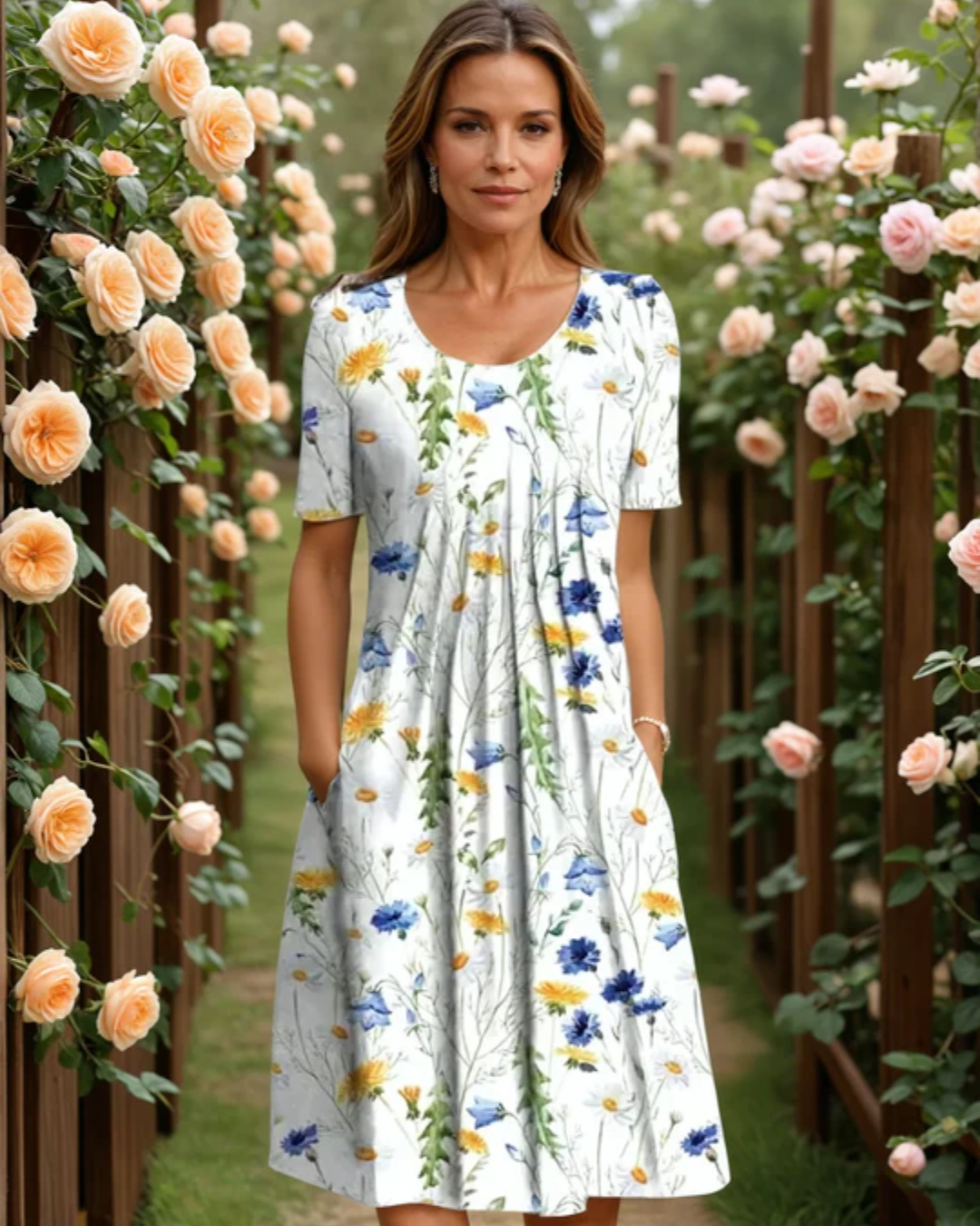 Modehus | Midi Blomstret Plisserte Kjole med Charm