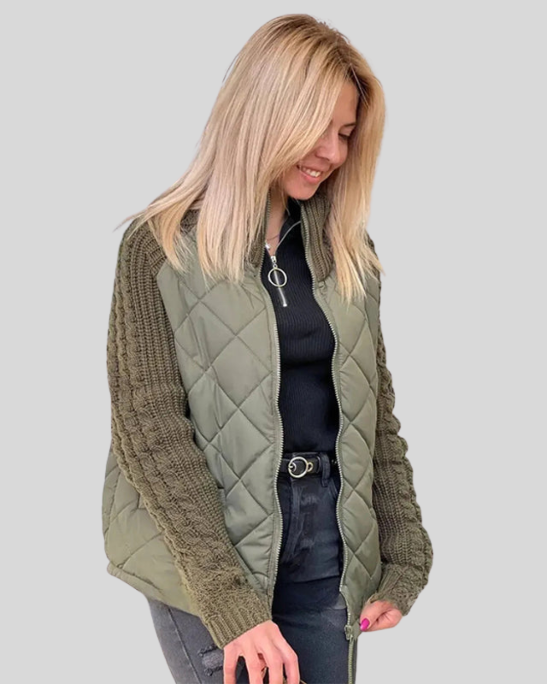 Modehus | Elegant quiltet jakke med strikkede ermer