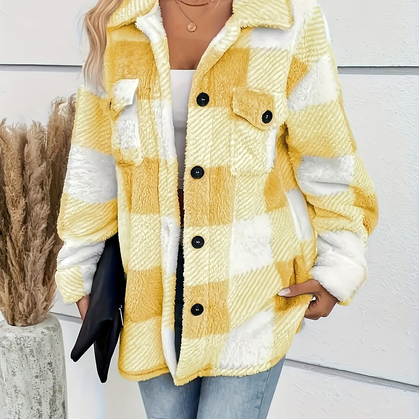 Modehus | Premium Myk Rutete Jakke i Teddyfleec