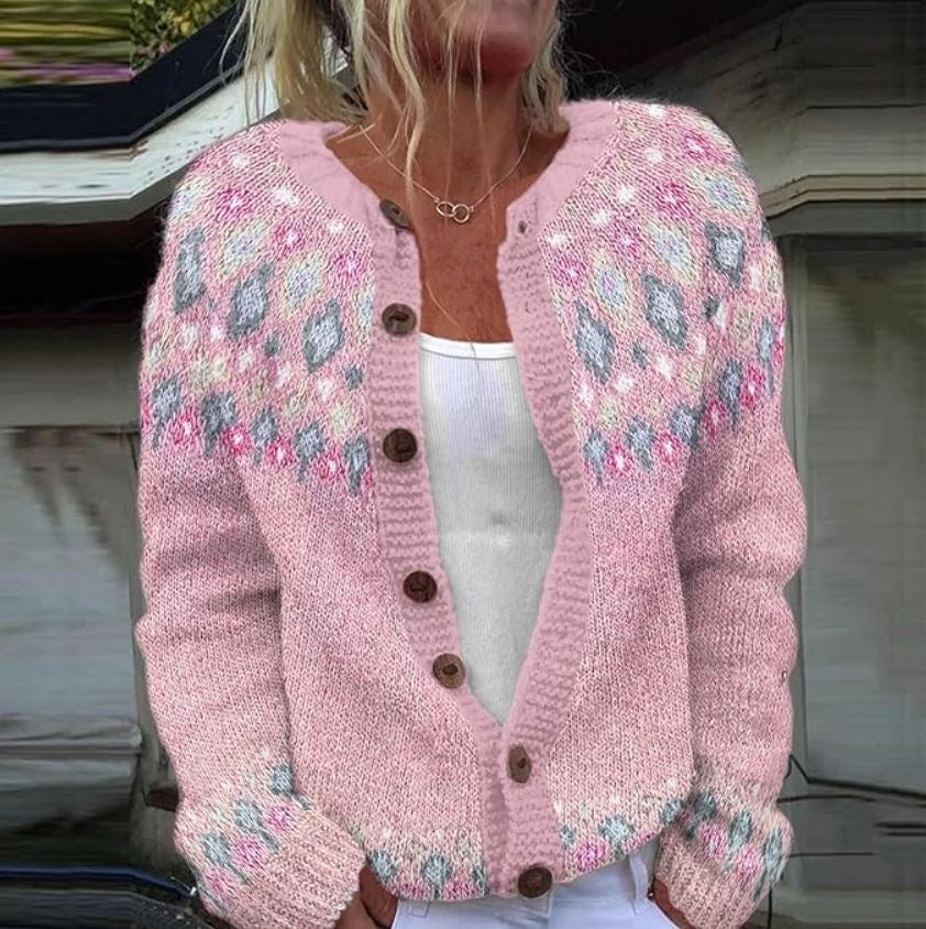 Modehus | Cardigan Trykt Rosa Løs Passform