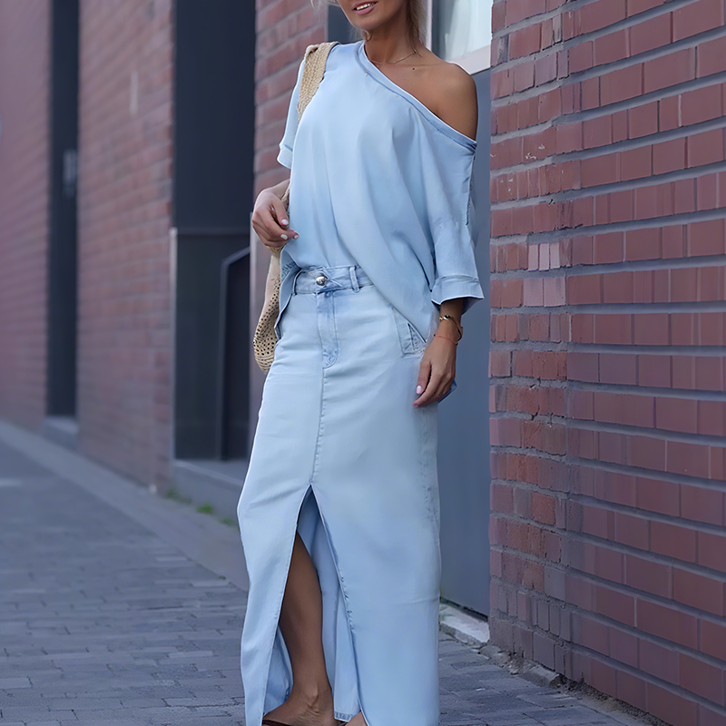 Modehus | Top Asymmetrisk med Skulder og Denim Skjørt med Splitt
