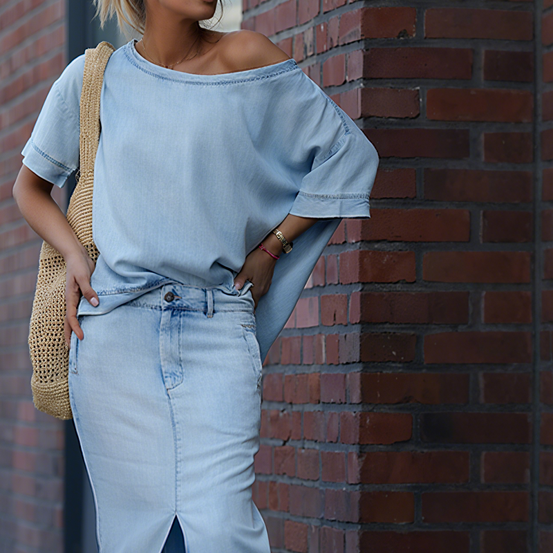 Modehus | Top Asymmetrisk med Skulder og Denim Skjørt med Splitt