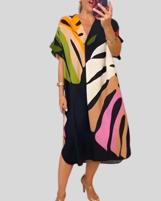 Modehus | Casual Midi Kjole med Fargerik Bladprint
