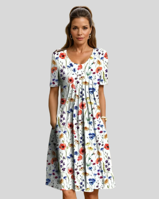 Modehus | Midi Blomstrete Plisserte Kjole med Charm