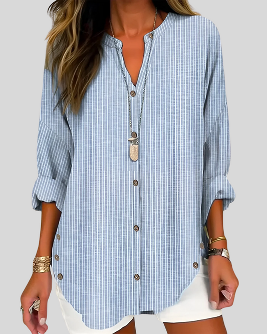 Modehus | Elegant Bluse med V-hals og Vertikale Striper