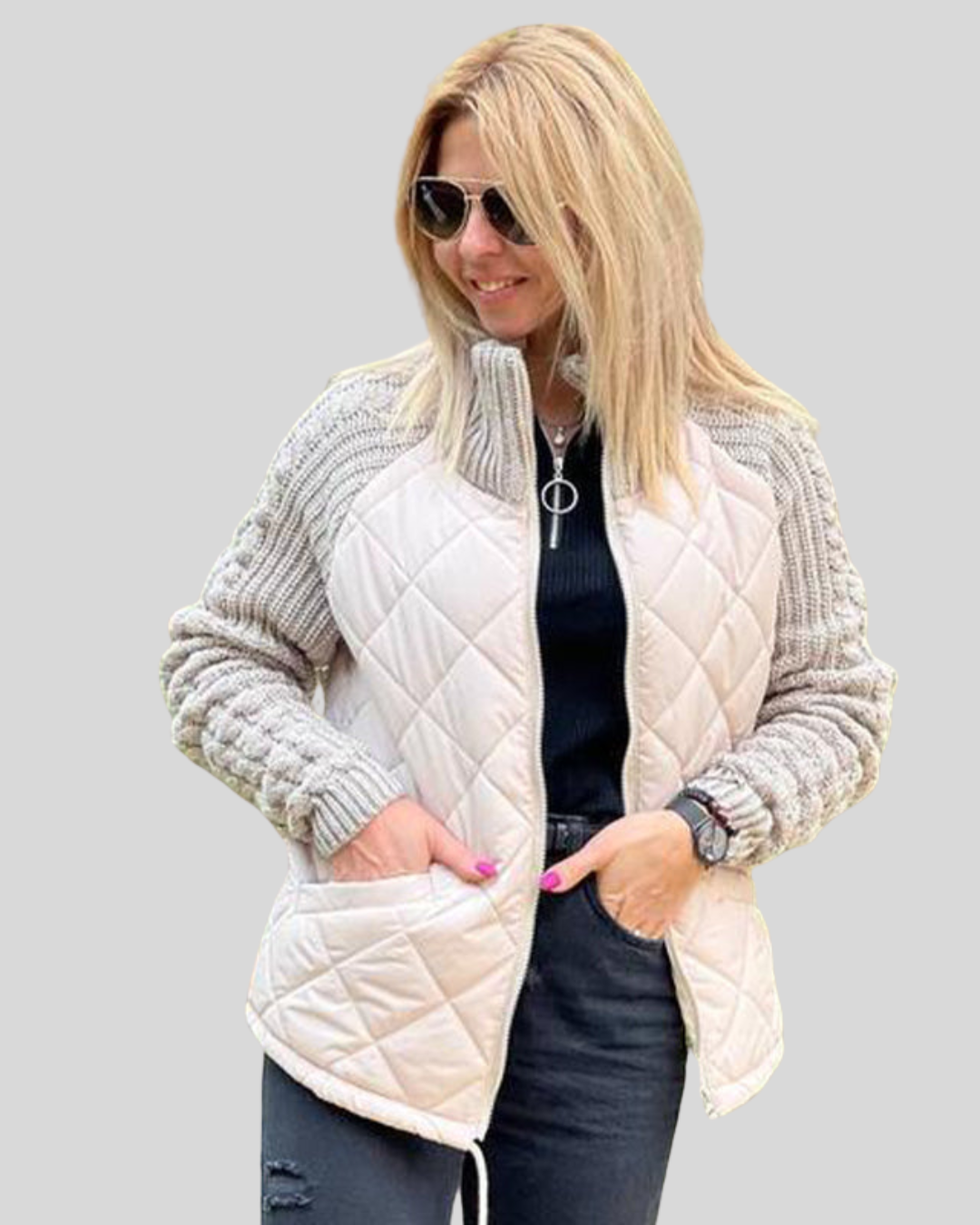 Modehus | Elegant quiltet jakke med strikkede ermer