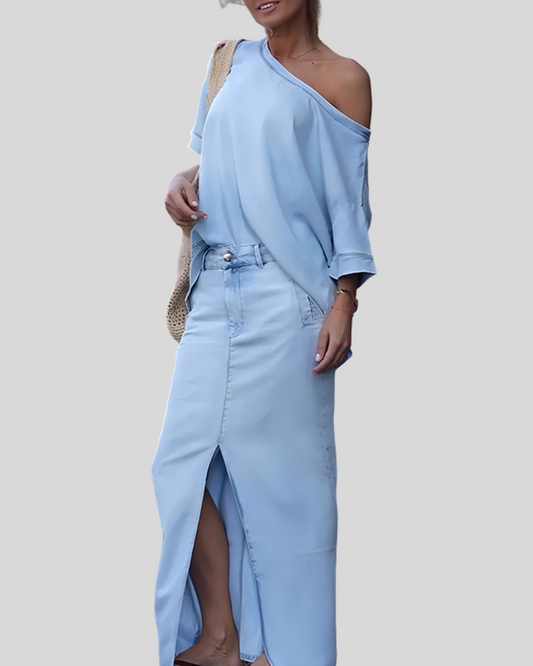 Modehus | Top Asymmetrisk med Skulder og Denim Skjørt med Splitt