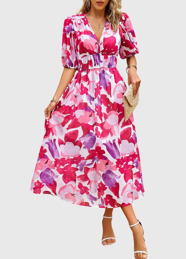 Modehus | Midi Blomstrete Kjole Flatterende