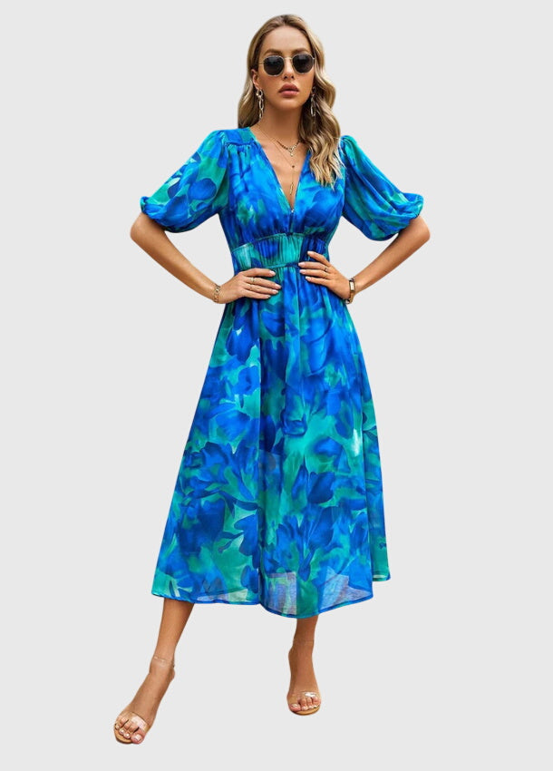 Modehus | Midi Blomstrete Kjole Flatterende