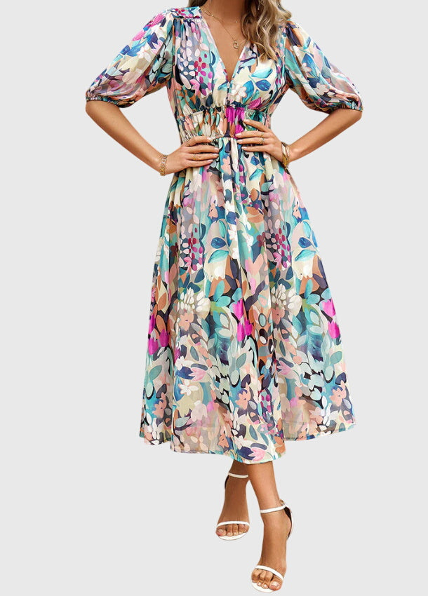 Modehus | Midi Blomstrete Kjole Flatterende